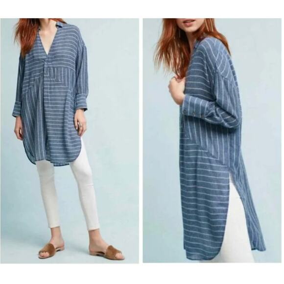 Anthropologie Akemi+Kin Strada Oversized Blue Striped Tunic Dress Light Academia - Picture 1 of 11